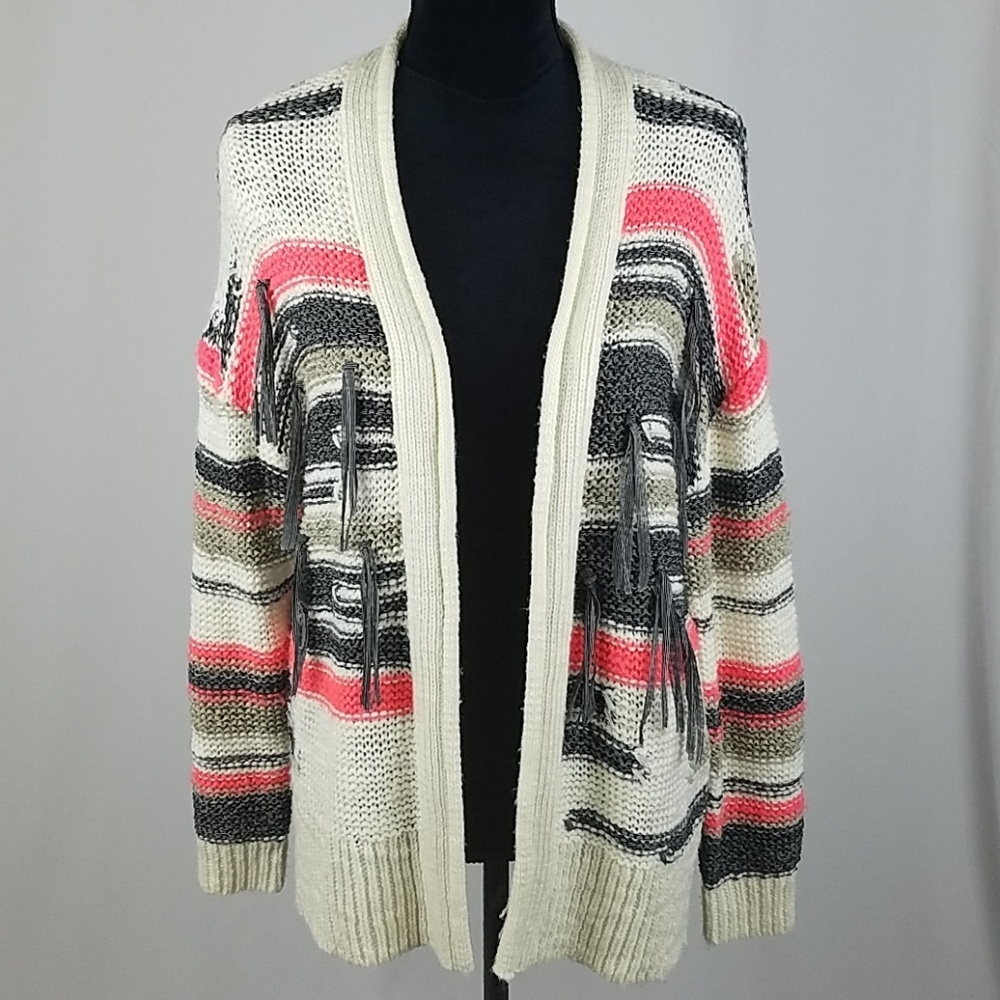 Topshop women 2 chunky cardigan open front striped colored tussle boho festival